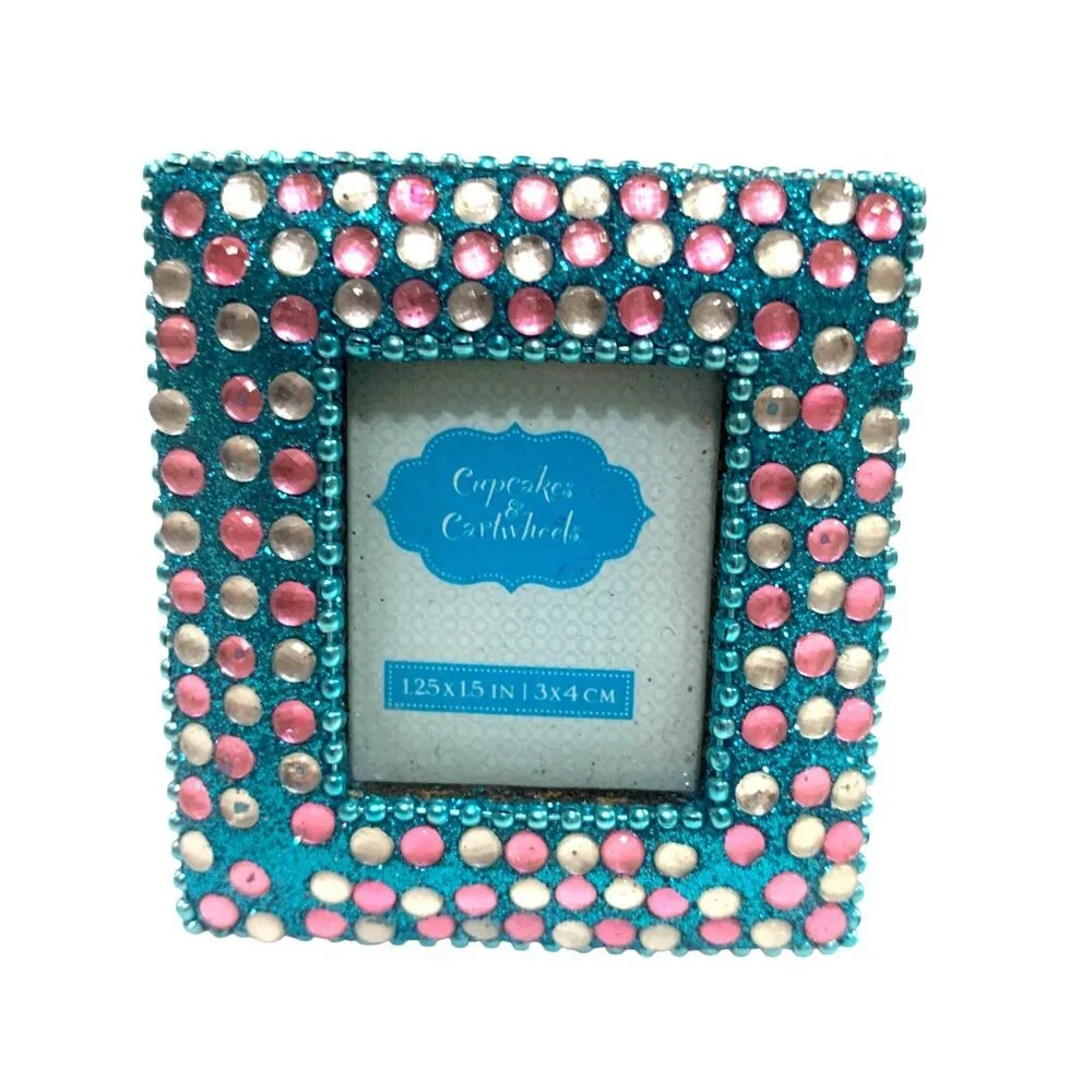 VTG Cupcakes‎ & Cartwheels Micro Picture Frame Blue Pink Crystals 1.25x1.5 Photo